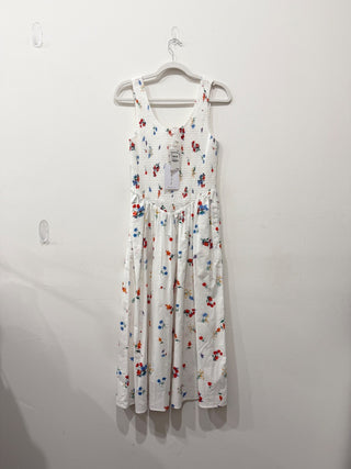 NWT WAYF Dana Smocked Drop-Waist Sleeveless A-Line Midi Dress Ivory Blossom M