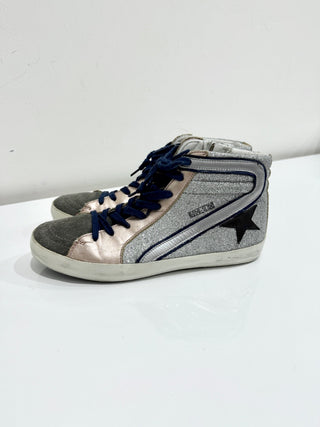 Golden Goose Slide Metallic Suede High Top Sneaker Shoes Silver Multi Women's 37