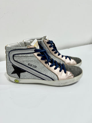 Golden Goose Slide Metallic Suede High Top Sneaker Shoes Silver Multi Women's 37