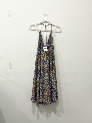 Tricia Fix Butterfly Sleeveless Halter Neck Swing Midi Dress Beige Purple M