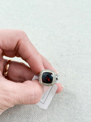 David Yurman albion ring sterling silver, diamonds and garnet stone, 7
