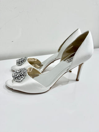 Badgley Mischka Dana Satin Crystal Peep Toe D'Orsay Heels White Women's Size 11