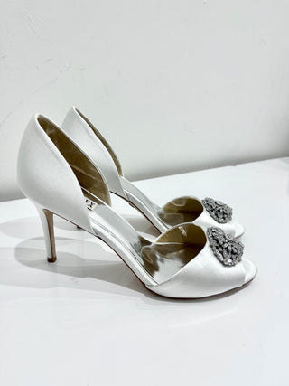 Badgley Mischka Dana Satin Crystal Peep Toe D'Orsay Heels White Women's Size 11