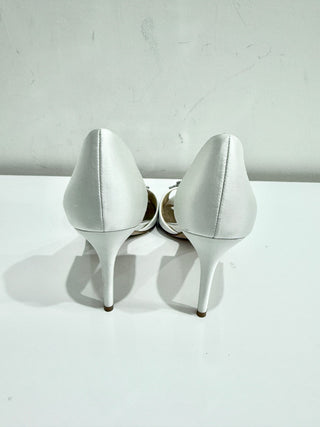 Badgley Mischka Dana Satin Crystal Peep Toe D'Orsay Heels White Women's Size 11
