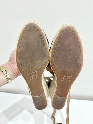 Schutz Faux Snakeskin Print Espadrille Wedge Sandals Brown Women's Size US 10