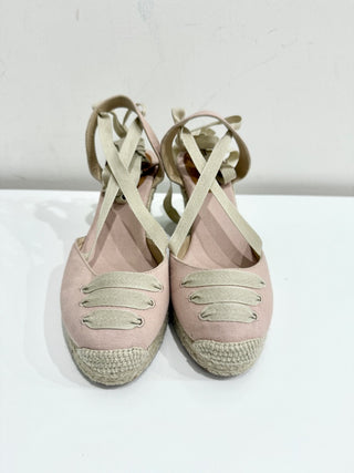 J.Crew Lace-Up Canvas Raffia Wedge Espadrille Sandals Blush Pink Women's US 10