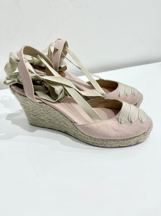 J.Crew Lace-Up Canvas Raffia Wedge Espadrille Sandals Blush Pink Women's US 10
