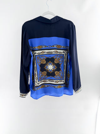 L'Agence silk blouse with scarf print back, M