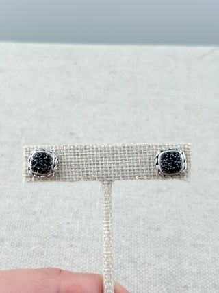 John Hardy sterling sivler square stud earrings with pave set black sapphires