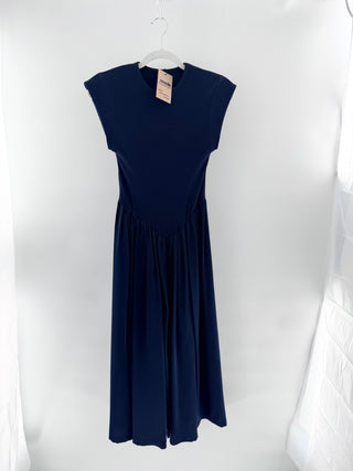 Ancosti Patchwork Cap Sleeve Drop Waist A-Line Maxi Dress Navy Blue Women's XS