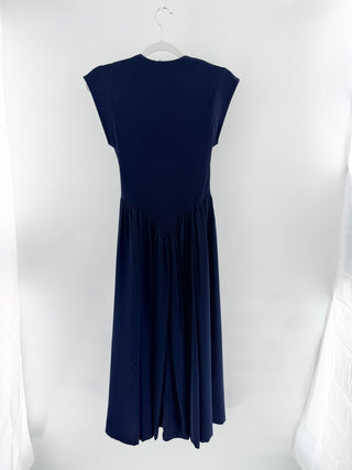Ancosti Patchwork Cap Sleeve Drop Waist A-Line Maxi Dress Navy Blue Women's XS