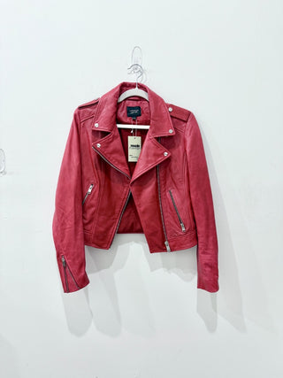 Lamarque Donna Asymmetric Zip Iconic Leather Biker Jacket Red Womens Size Medium