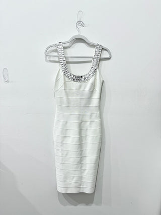 Carmen Marc Valvo Broad Scoop Neck w/ Wide Shoulder Straps Midi Dress White XS