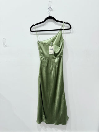 NWT Billy J Kimbra Satin One Shoulder Bridesmaid Midi Dress Olive Women's Size 2