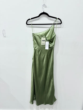 NWT Billy J Kimbra Satin One Shoulder Bridesmaid Midi Dress Olive Women's Size 2