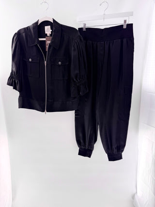 Cinq a sept satin set crop jacket and cargo pants, M