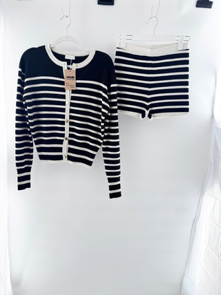 Meshki striped knit set featuring a fitted button-down cardigan and matching high-waisted mini shorts, S