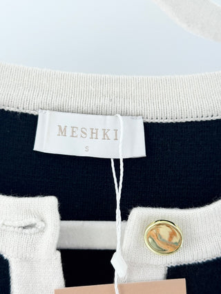 Meshki striped knit set featuring a fitted button-down cardigan and matching high-waisted mini shorts, S