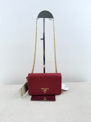 Prada Small leather cross body with saffiano leather and gold chain hardware