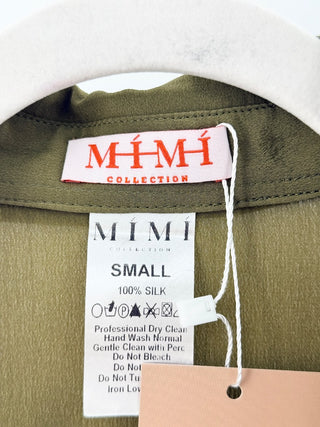 Mimi collection lightweight set featuring button-down blouse with crystal-style buttons and matching wide-leg trousers, S