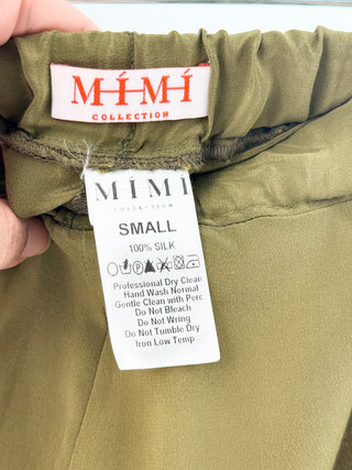 Mimi collection lightweight set featuring button-down blouse with crystal-style buttons and matching wide-leg trousers, S