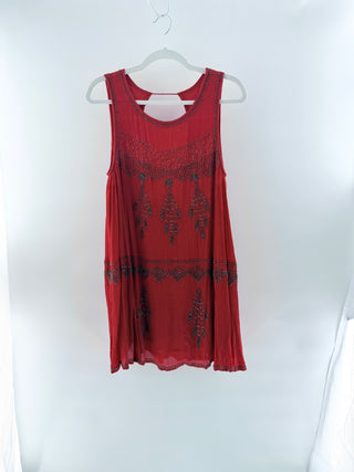 Free People Delilah Beaded Sleeveless Boho Mini Swing Dress Red Womens Size 12