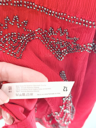 Free People Delilah Beaded Sleeveless Boho Mini Swing Dress Red Womens Size 12