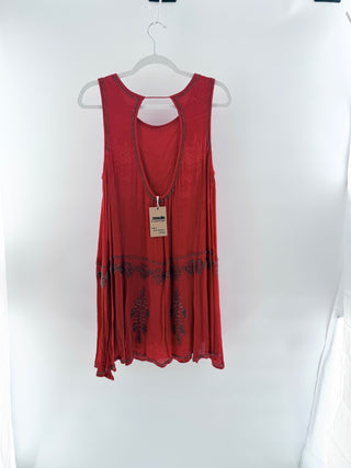 Free People Delilah Beaded Sleeveless Boho Mini Swing Dress Red Womens Size 12