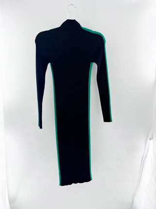 Lacoste Contrast Band Seamless Ribbed Knit Bodycon Sweater Dress Blue Green 2