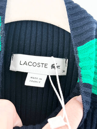 Lacoste Contrast Band Seamless Ribbed Knit Bodycon Sweater Dress Blue Green 2