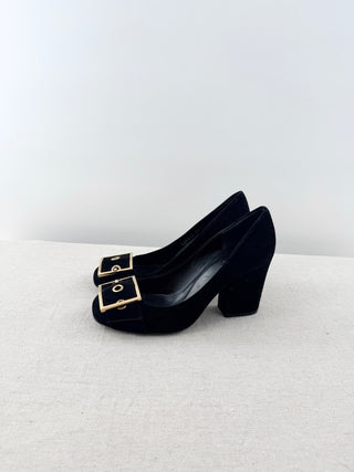 Gucci square toe suede gold buckle block heel shoes, 36.5