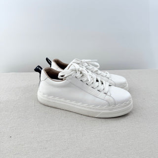 Chloe Lauren Leather Scalloped Trim Low Top Sneakers White Women's Size EU 38