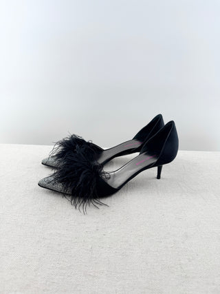Armani low heel satin pumps with rhinestones and feathers, 37.5