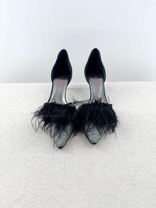 Armani low heel satin pumps with rhinestones and feathers, 37.5