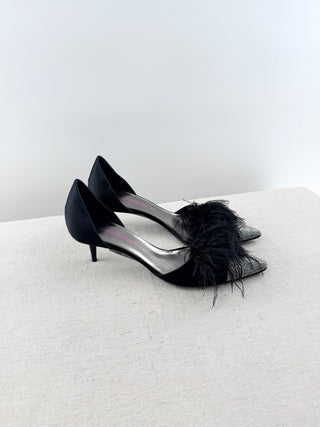 Armani low heel satin pumps with rhinestones and feathers, 37.5