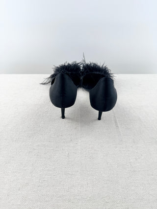 Armani low heel satin pumps with rhinestones and feathers, 37.5
