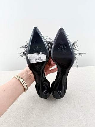 Armani low heel satin pumps with rhinestones and feathers, 37.5