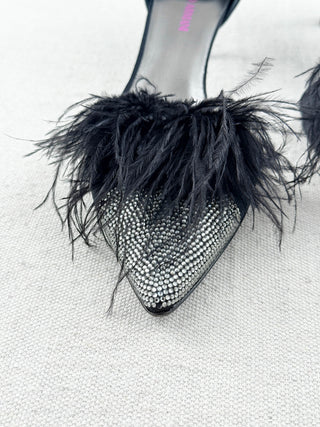 Armani low heel satin pumps with rhinestones and feathers, 37.5