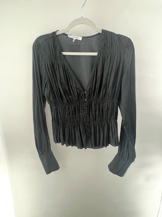 Frame V-neck button front long sleeve ruched blouse crafted in lightweight, silky fabric, S