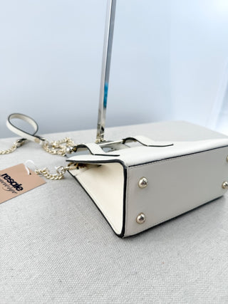 Strathberry leather nano tote bag with metallic bar and chain strap