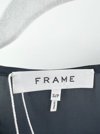 Frame V-neck button front long sleeve ruched blouse crafted in lightweight, silky fabric, S
