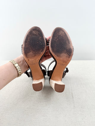Alexandre Birman leather knot and raffia block heel sandals, 39