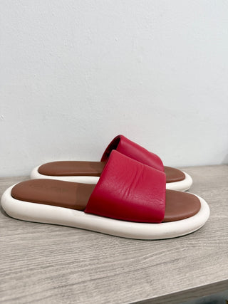 Italeu Leather Slip On Open Toe Flat Slides Sandals Red/Brown/White Womens EU 41