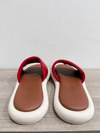 Italeu Leather Slip On Open Toe Flat Slides Sandals Red/Brown/White Womens EU 41