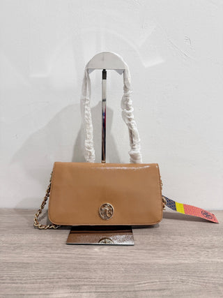 Tory Burch patent textured leather flap bag with chain