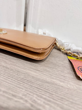 Tory Burch patent textured leather flap bag with chain