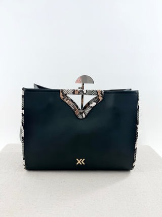 Ximena Kavalekas large leather bag with strap and contrast snakeskin detail