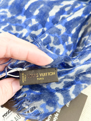 Louis Vuitton cashmere blend silk scarf leopard print with bold lettering