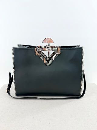 Ximena Kavalekas large leather bag with strap and contrast snakeskin detail