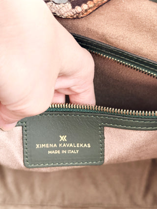 Ximena Kavalekas large leather bag with strap and contrast snakeskin detail